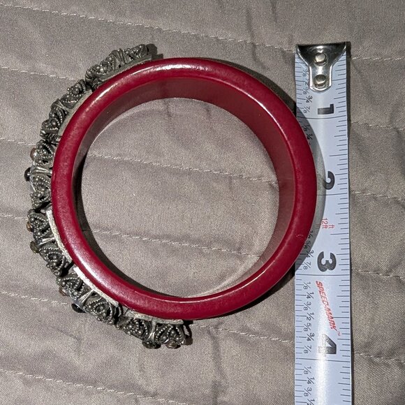 $1 with Bundle ~ Red Enamel & Silver Floral Rhinestone Bangle Bracelet 5053 - Picture 5 of 5